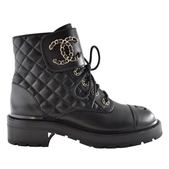 CHANEL Shoes - Chanel 21A Black Quilted Gold CC Chain Combat Lace Up Tie Ankle Short Boots 38